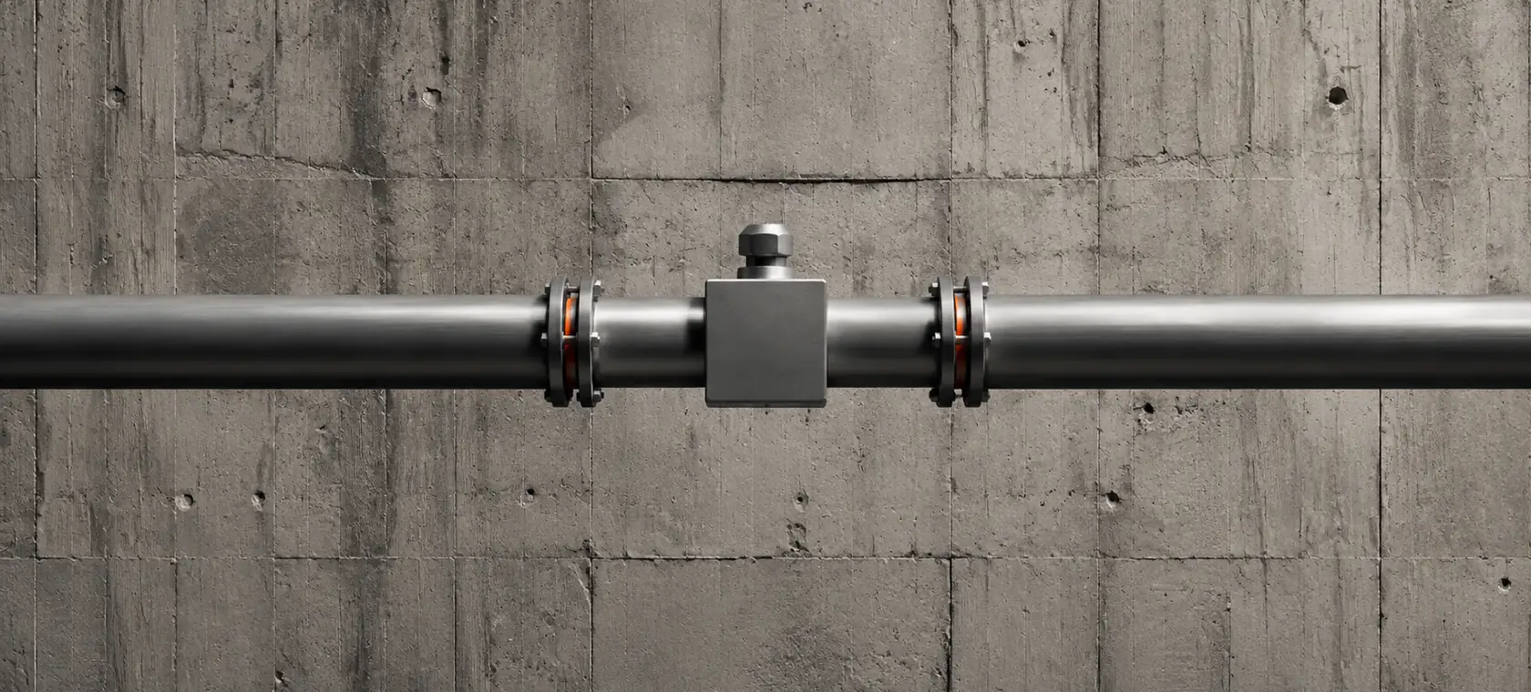 Tubería metálica horizontal que atraviesa con precisión un muro de hormigón